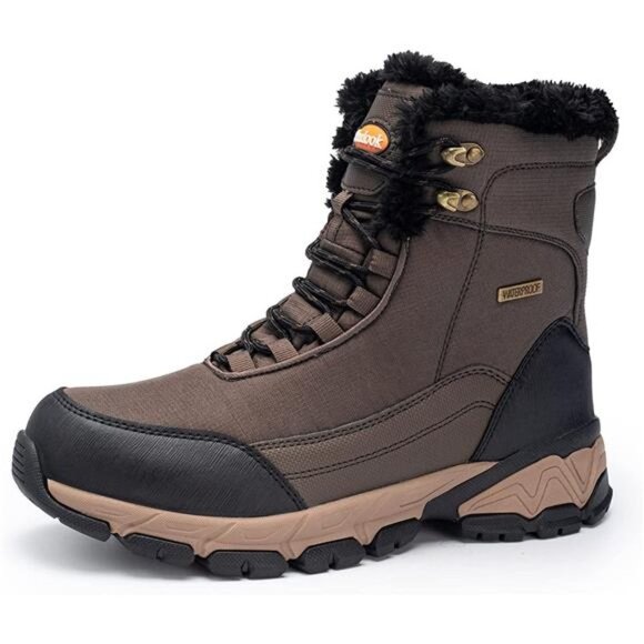 Men's Snow Boots Waterproof Warm Fur Lined Ankle High-top Shoes, Brown